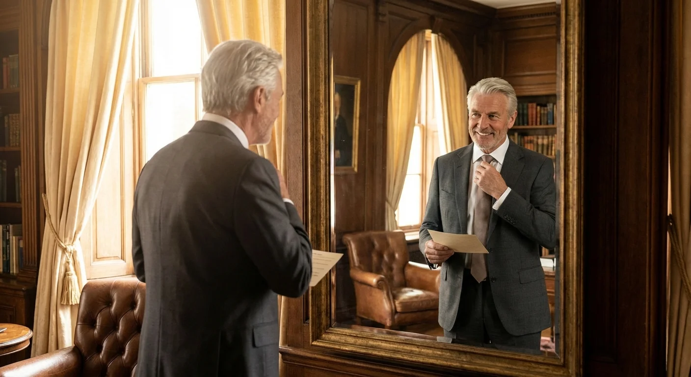 A professional man practicing his pitch in a mirror.
