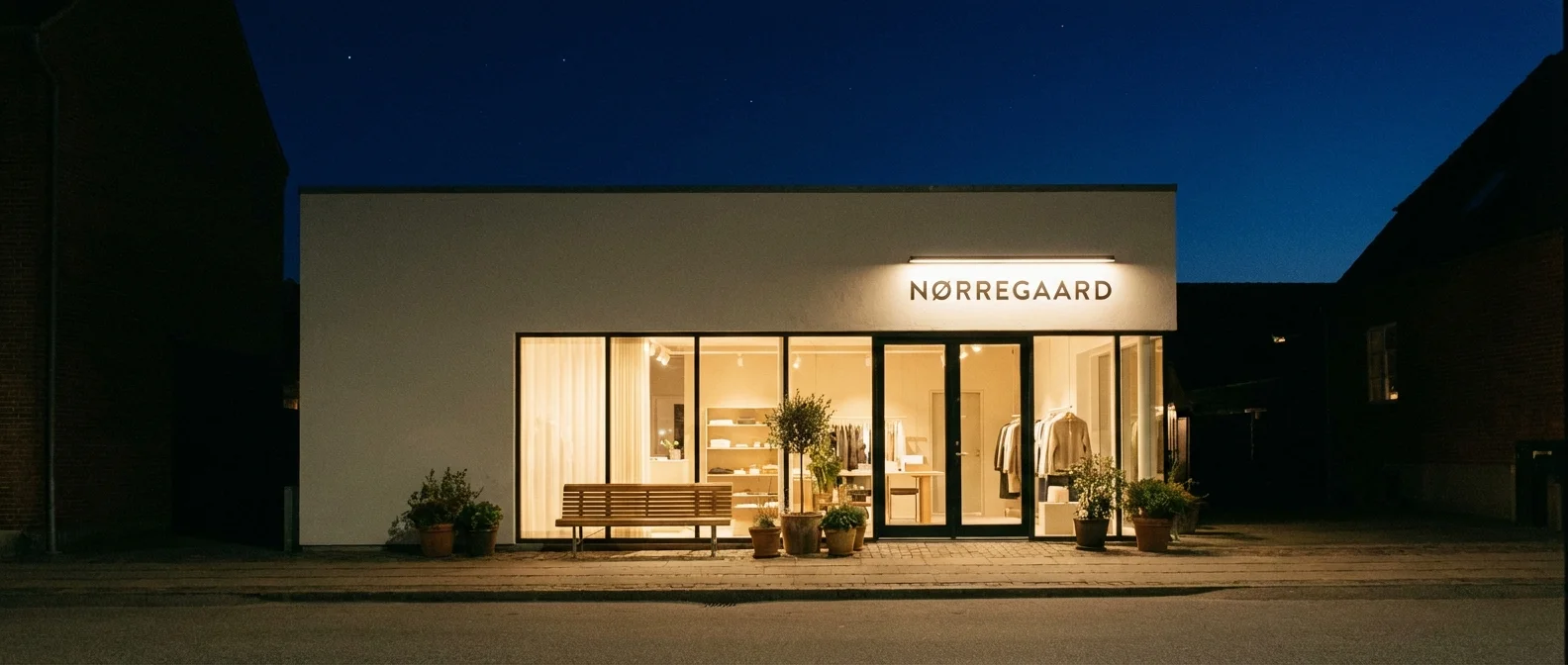 A quiet discount store entrance glowing at dusk.