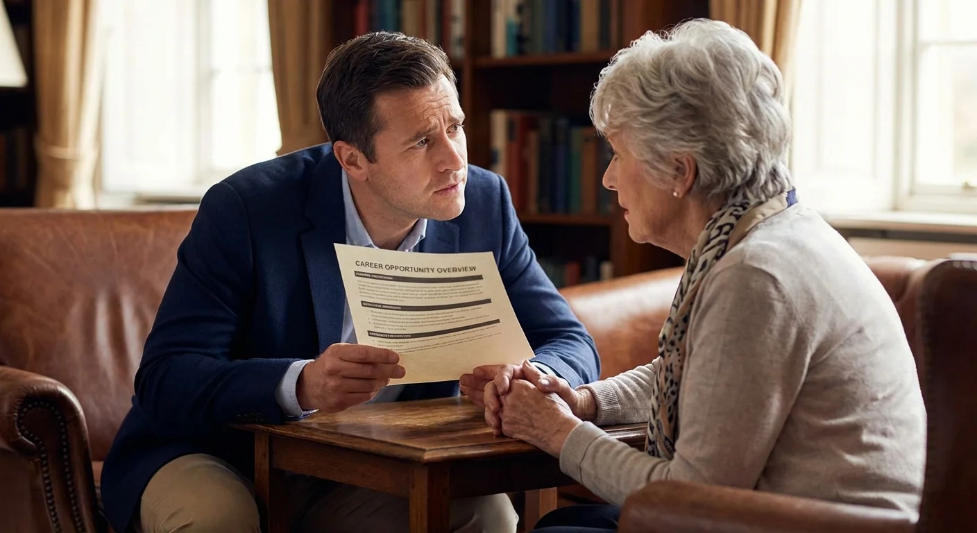 A recruiter leaning in to speak sincerely to a senior woman, attempting to build trust.