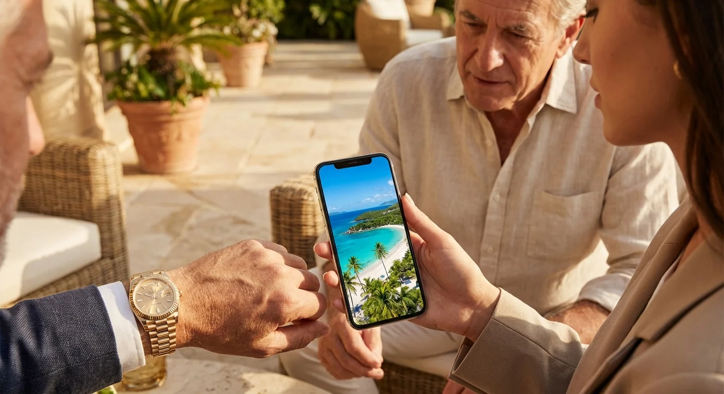 A recruiter showing a luxury vacation photo on a phone to a senior man to illustrate success.