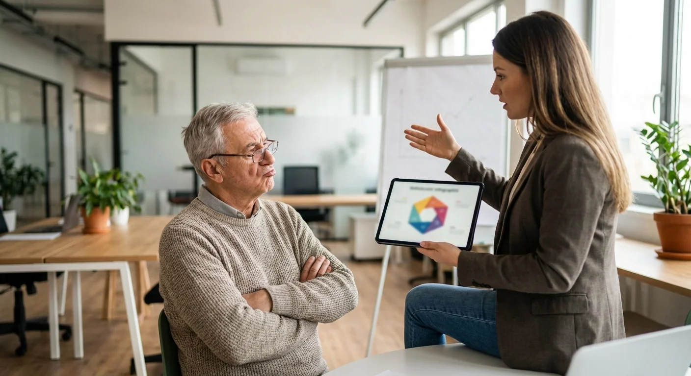 A recruiter using a tablet to show vague charts while avoiding a senior man's direct questions.