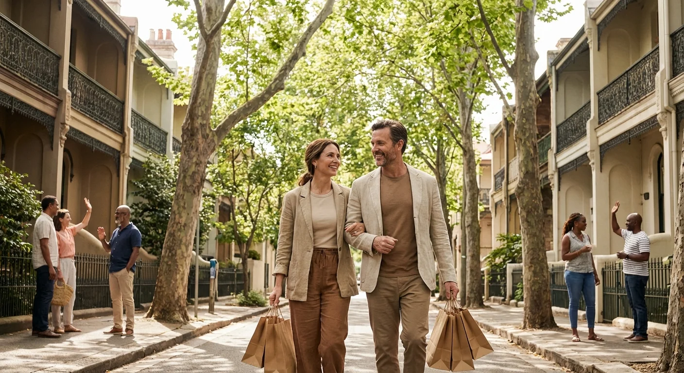 A relaxed couple walking through a pleasant suburban neighborhood, symbolizing a high quality of life and community.
