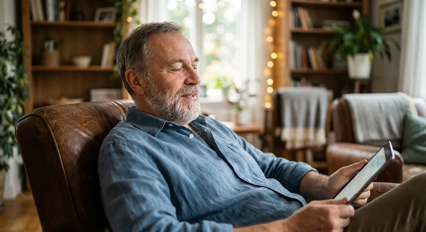 A relaxed senior man sitting in a comfortable chair, enjoying a stress-free work environment.