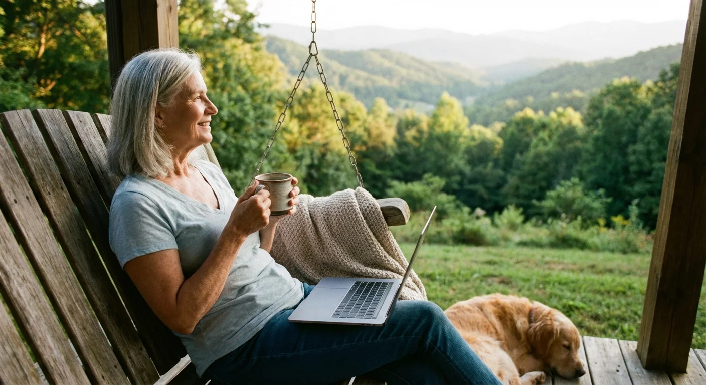 A relaxed senior woman on a porch, representing the peace of mind from automated bills.