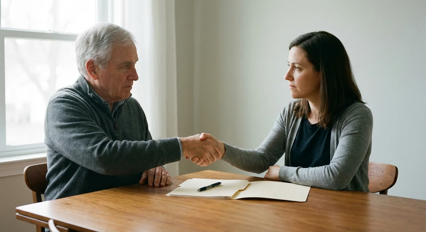 A respectful handshake between a parent and adult child over a folder on a table.
