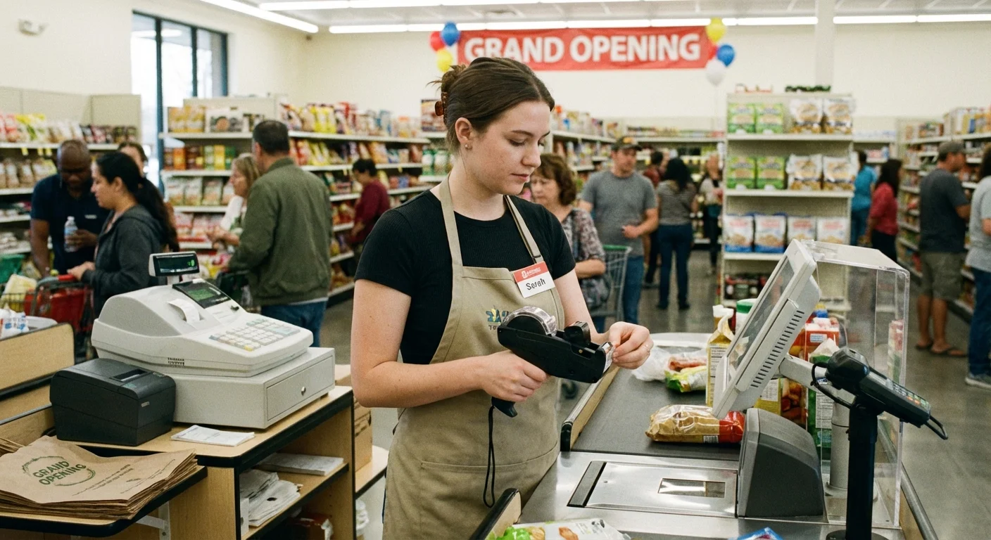A retail employee multitasking at the checkout counter.