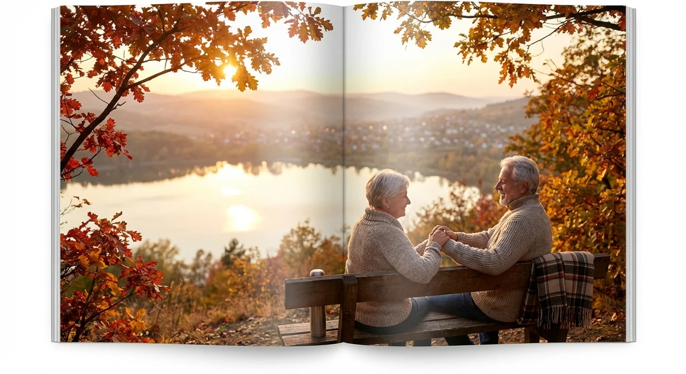 A retired couple enjoys a sunset view over a scenic New York lake and rolling hills.