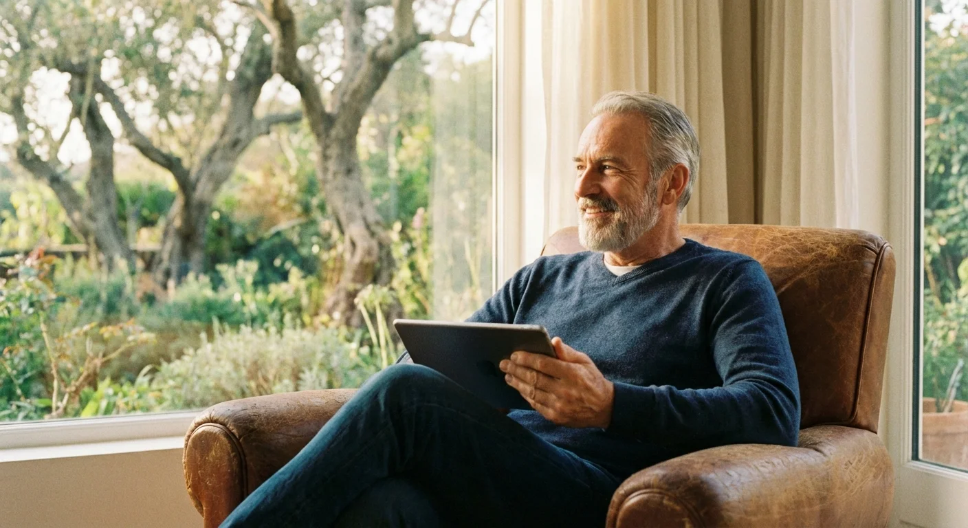 A retired man thoughtfully considering new opportunities on his digital tablet.