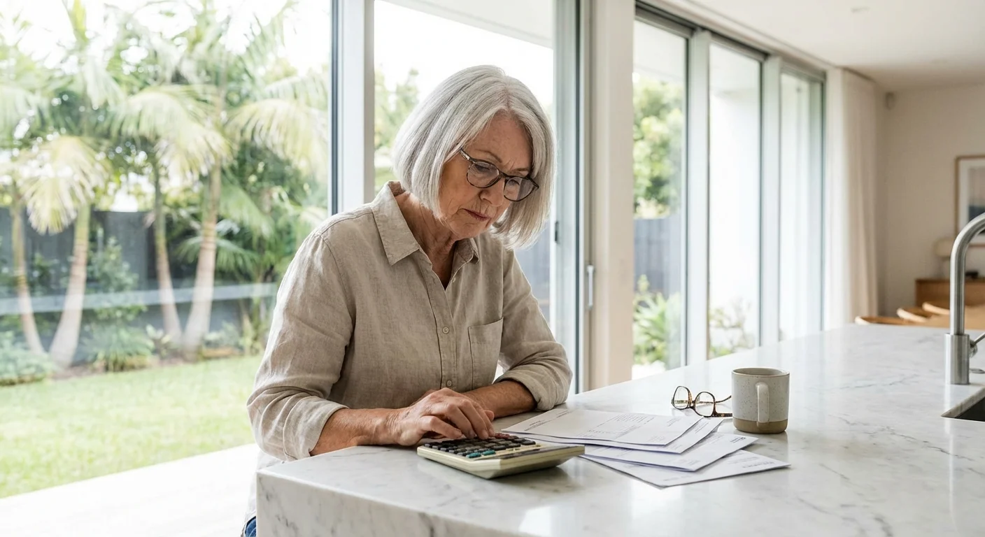 A retired woman reviews bills and a calculator in a bright, tropical-style kitchen.