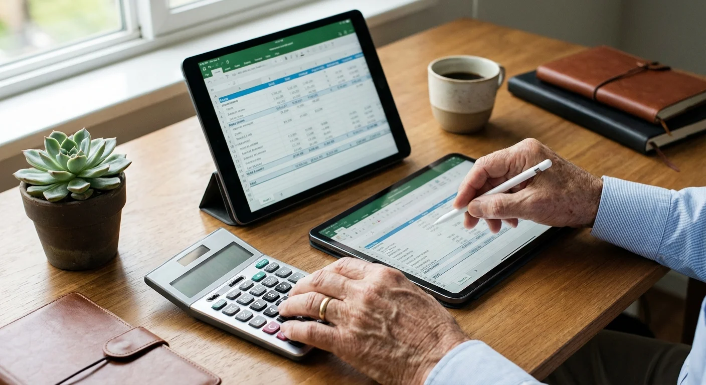 A retiree managing financial records on a tablet and calculator.