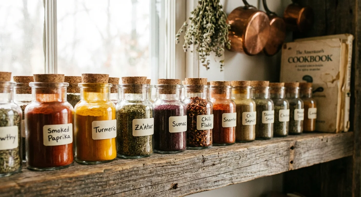 A row of colorful spice jars on a wooden kitchen shelf.