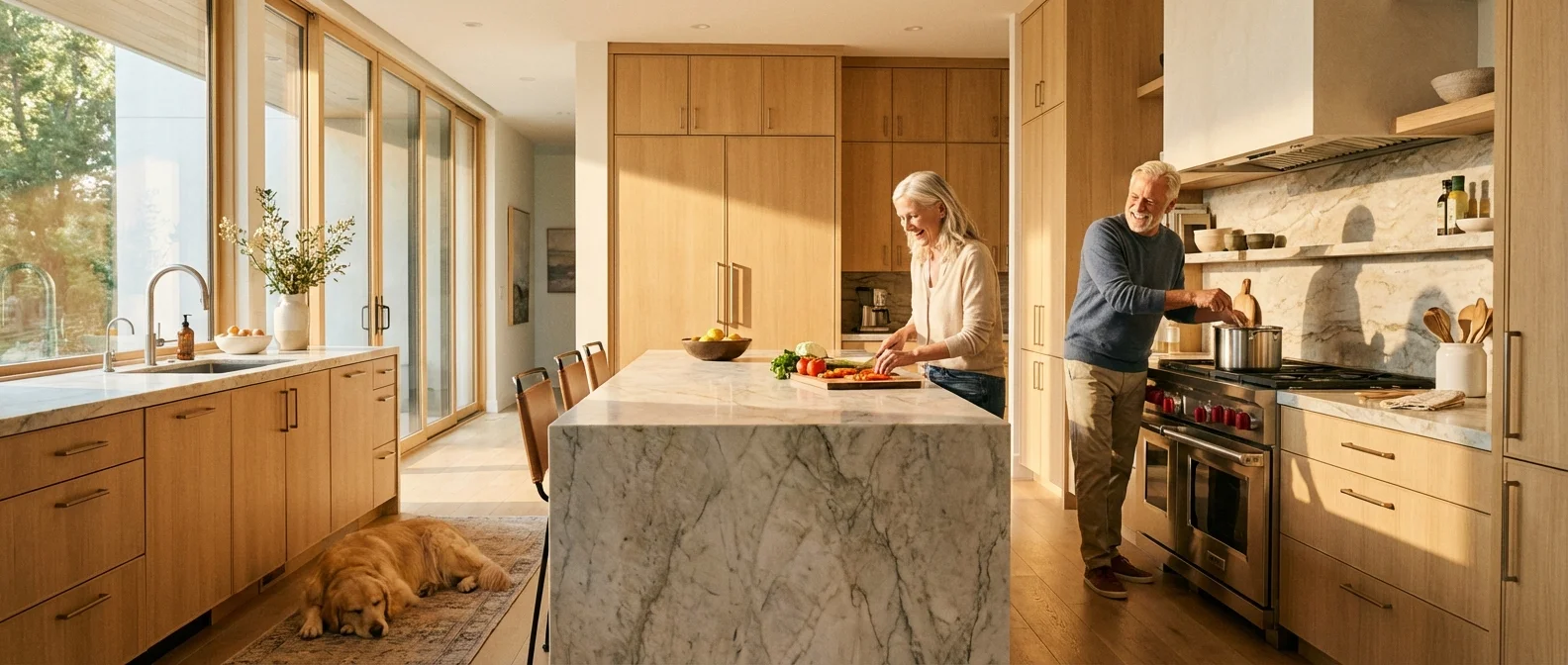 A senior couple cooking together in a bright, modern kitchen.