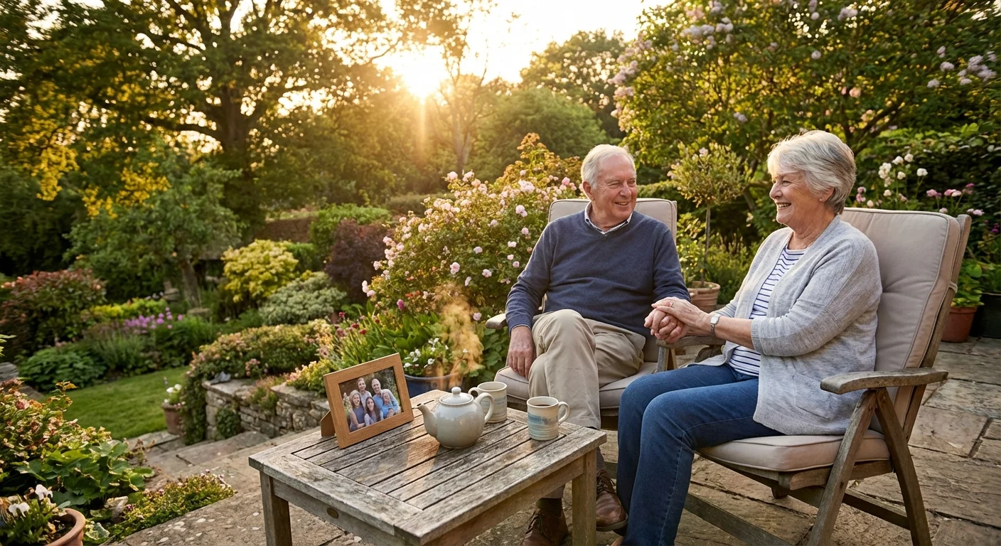 A senior couple enjoying a peaceful sunset from their patio overlooking a garden.