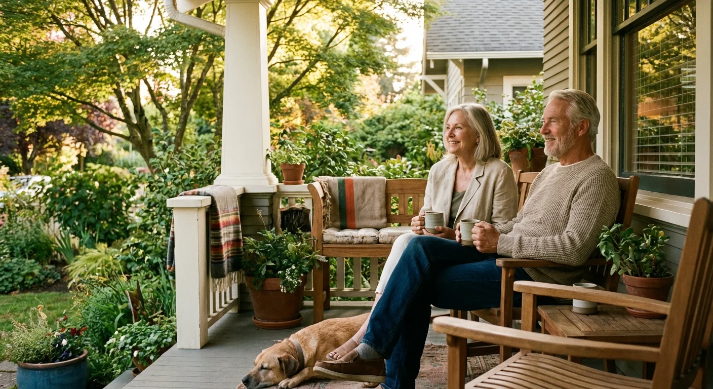 A senior couple enjoying coffee on the porch of their beautiful home.