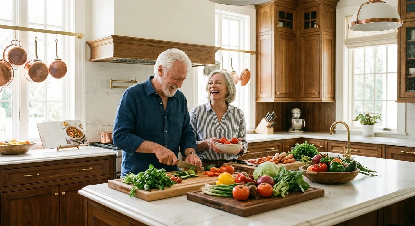 A senior couple happily cooking a meal together in a bright kitchen.