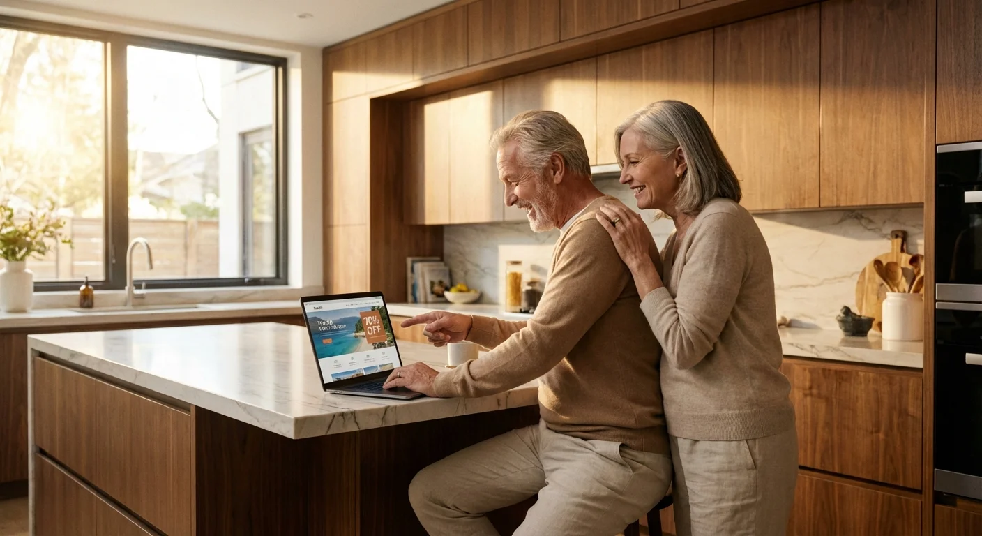 A senior couple happily looking at a laptop screen together in a bright kitchen.