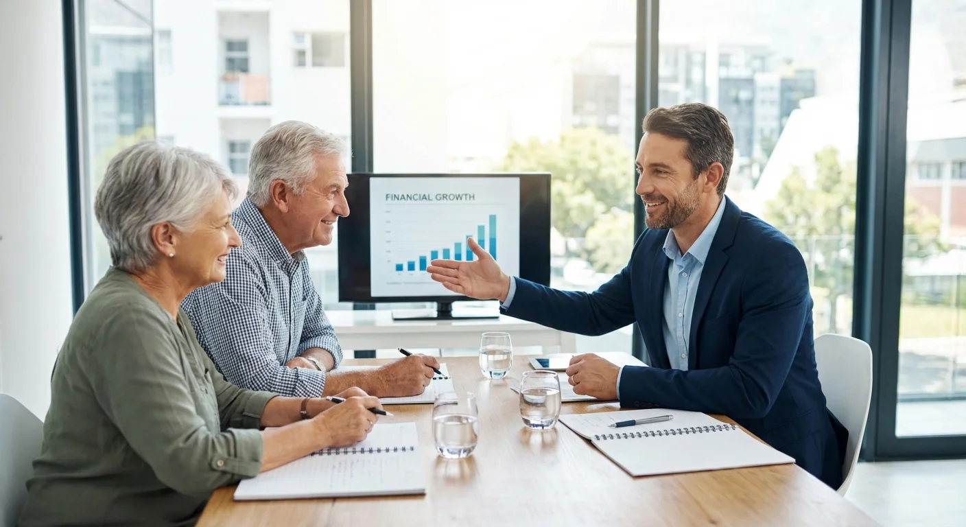 A senior couple in a professional meeting with a financial advisor.