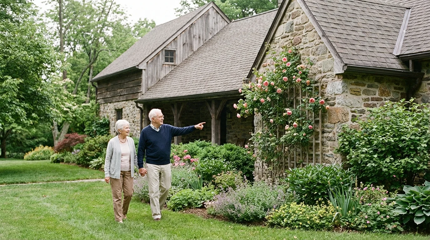 A senior couple inspecting their home's exterior for a tax reassessment.
