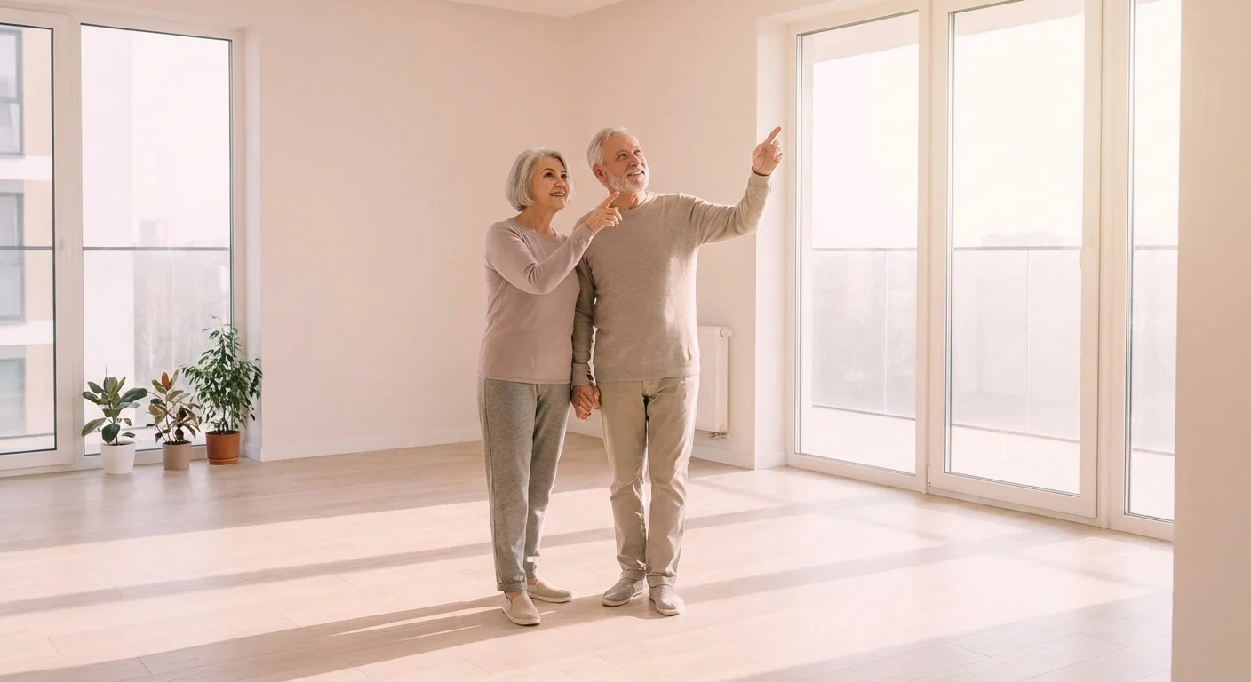 A senior couple looking around an empty, sunlit room in a new house.
