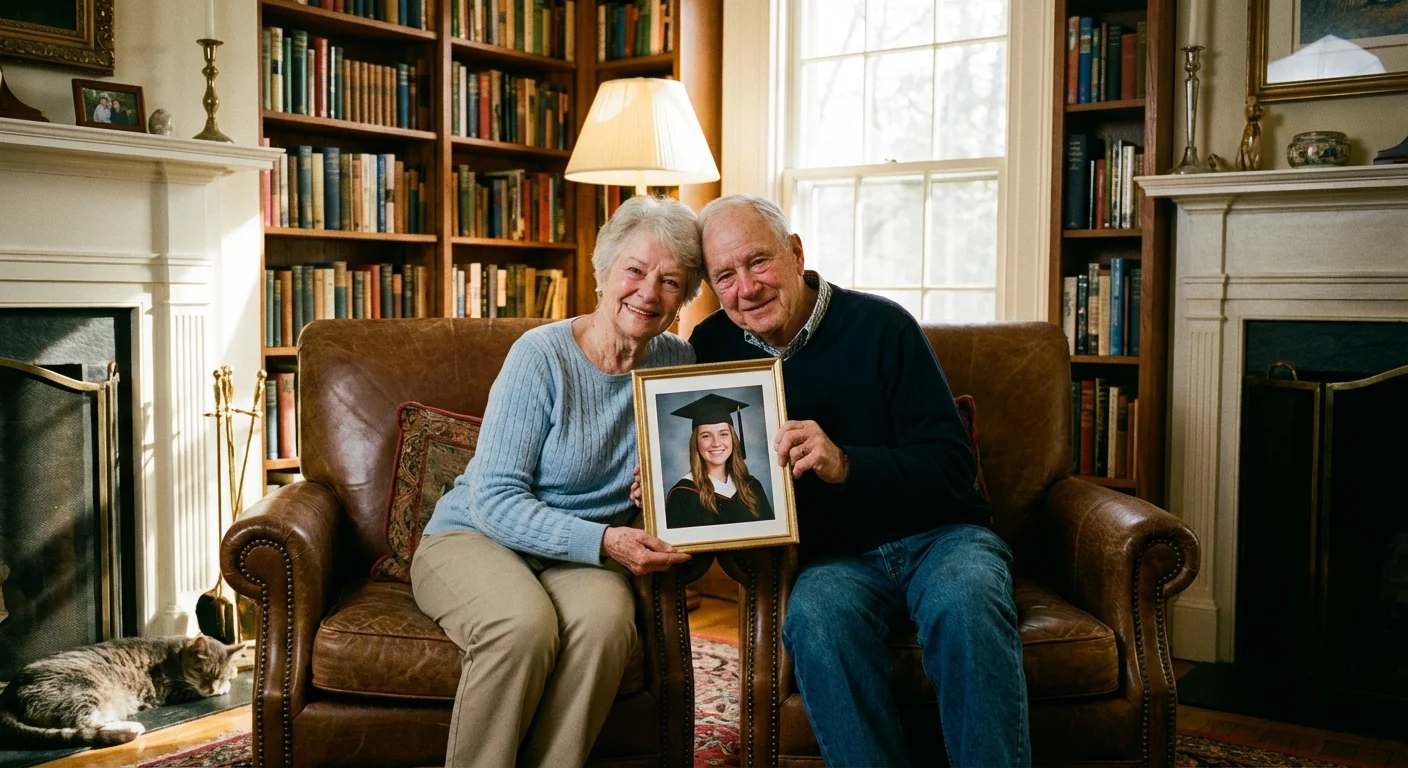 A senior couple looking at a graduation photo, representing college savings.