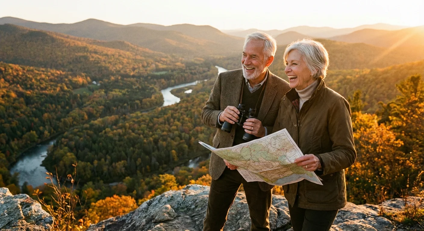 A senior couple looking out at a mountain vista with binoculars and a map.