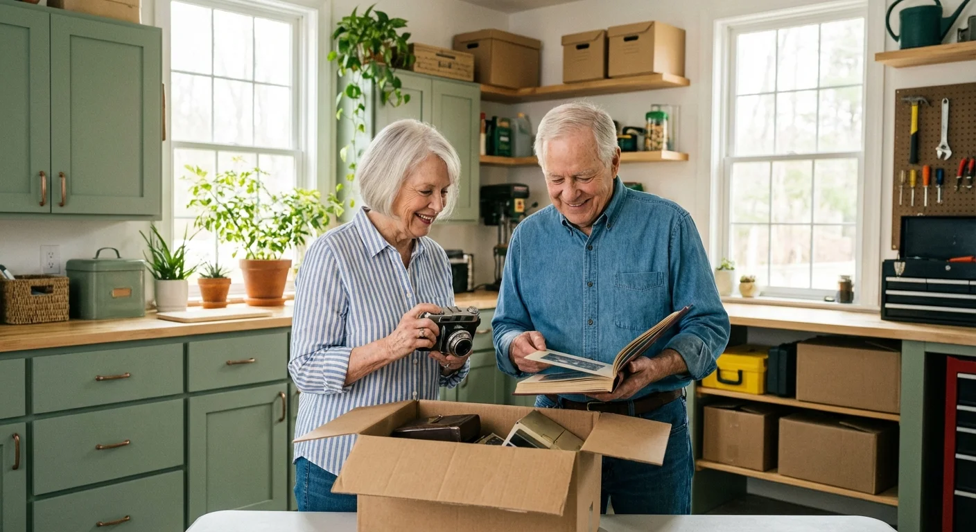 A senior couple looking through a box of items in a bright, organized room.