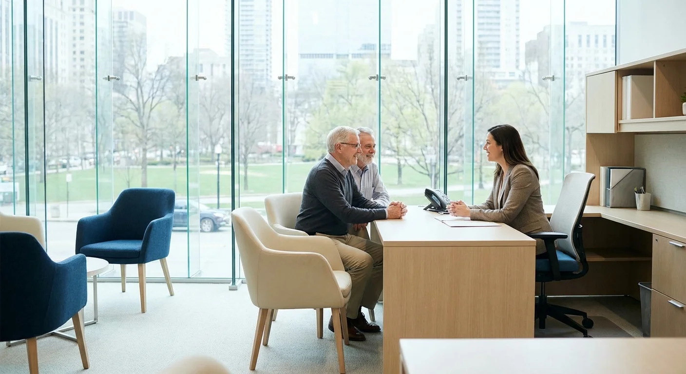 A senior couple meeting with a financial professional in a bright office.