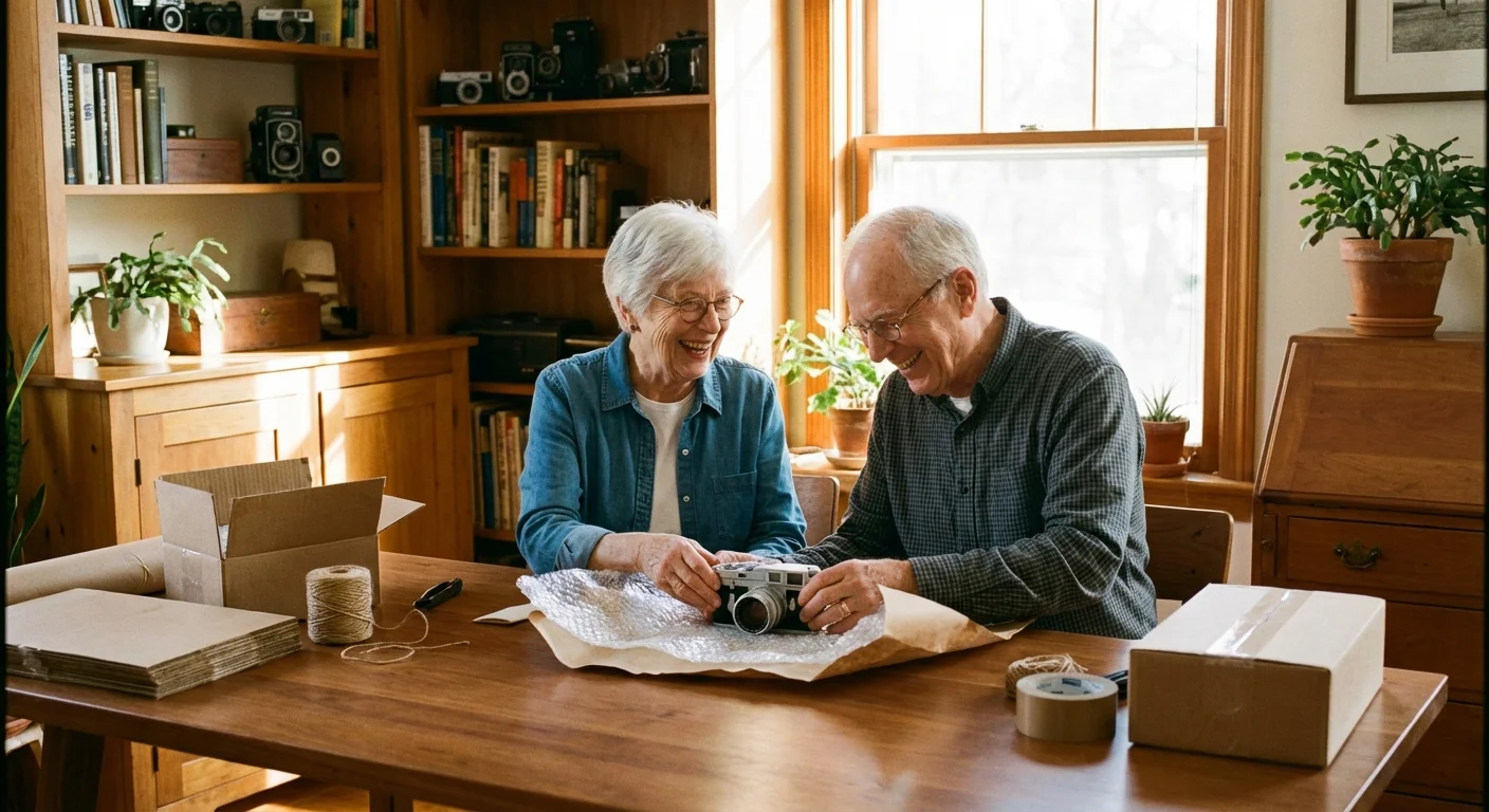 A senior couple packing a vintage item for shipping in a sunlit room.