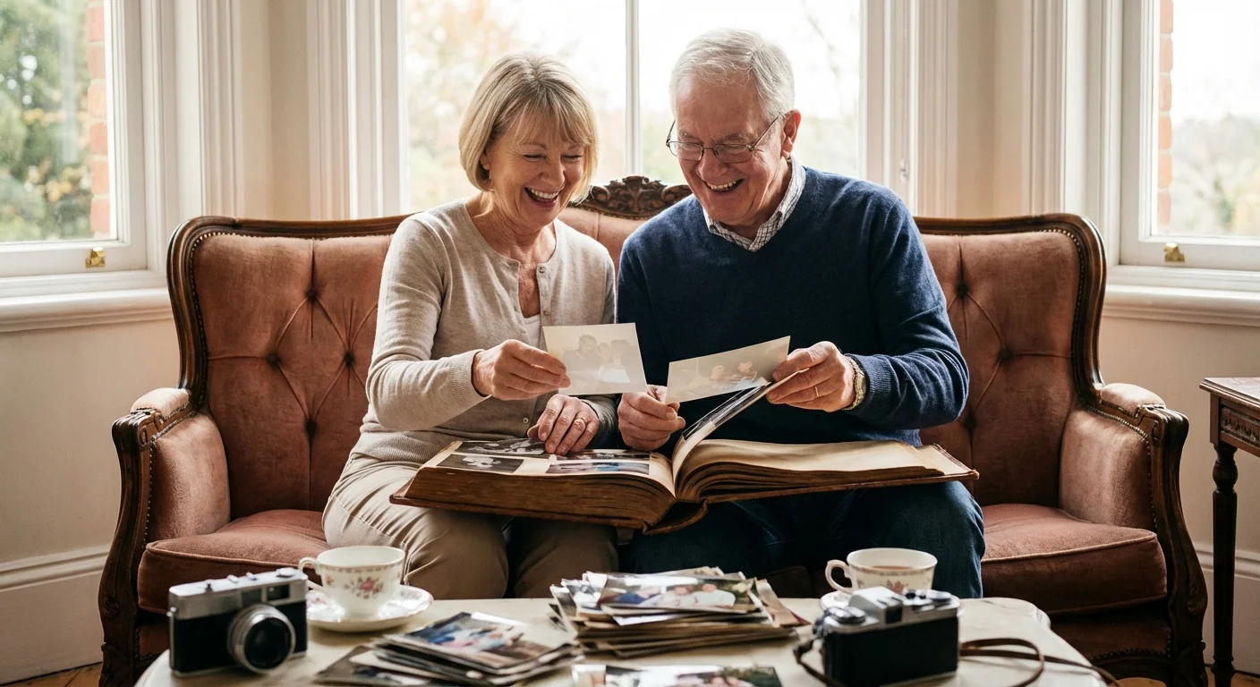 A senior couple putting printed photos into a family album together.