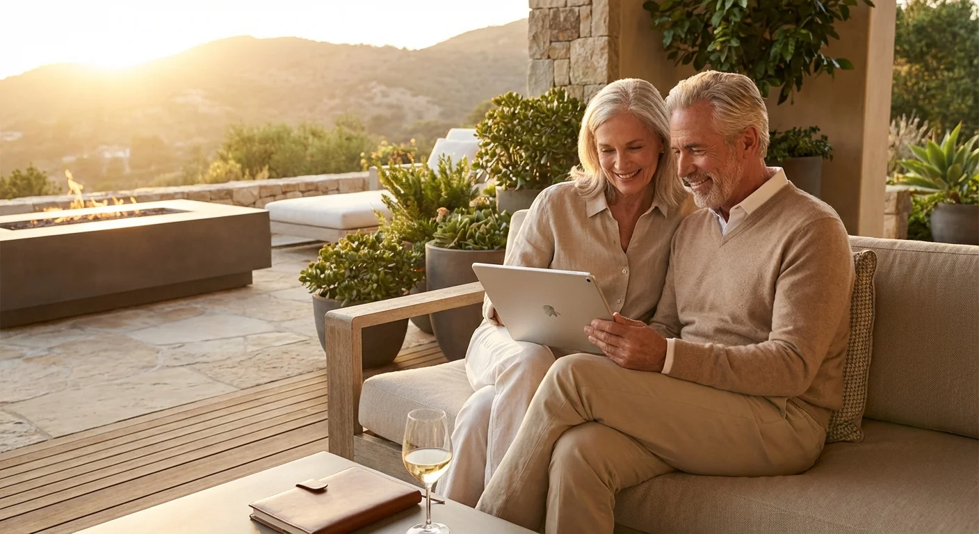 A senior couple relaxes on a patio while discussing their finances on a tablet at sunset.