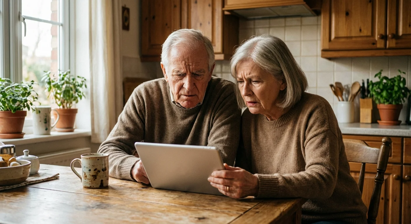 A senior couple reviewing information on a tablet at their kitchen table with serious expressions.