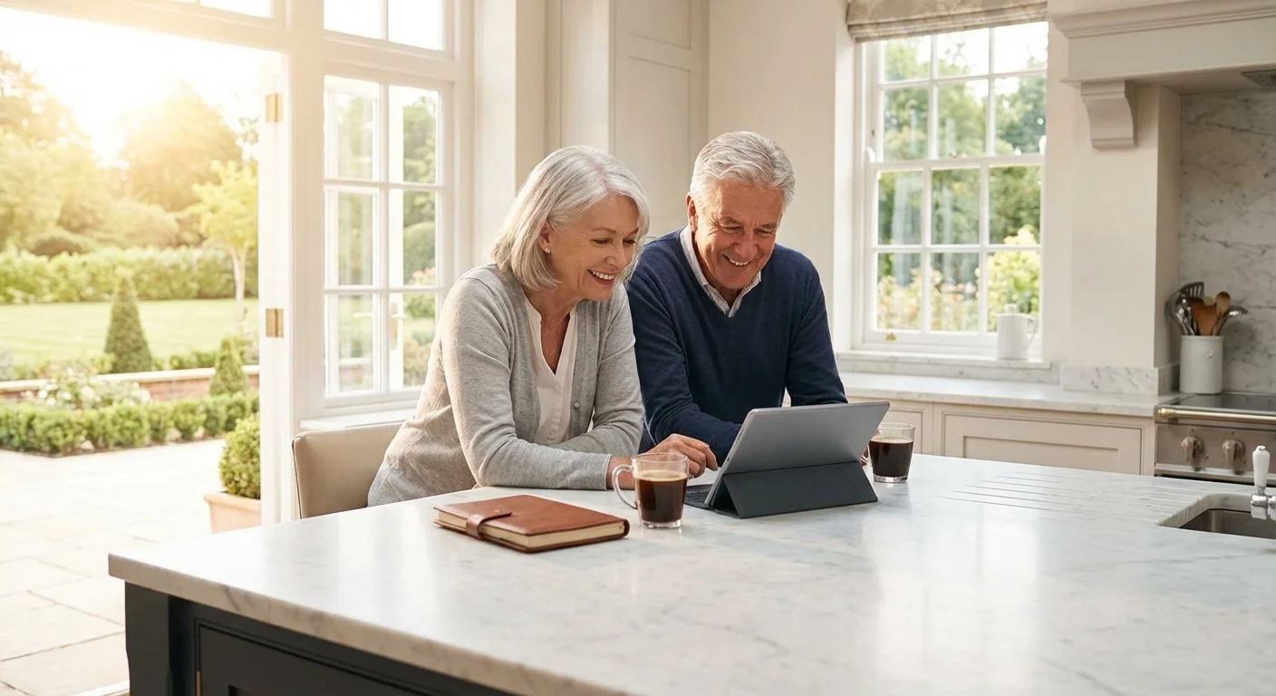 A senior couple reviewing their finances on a tablet together.