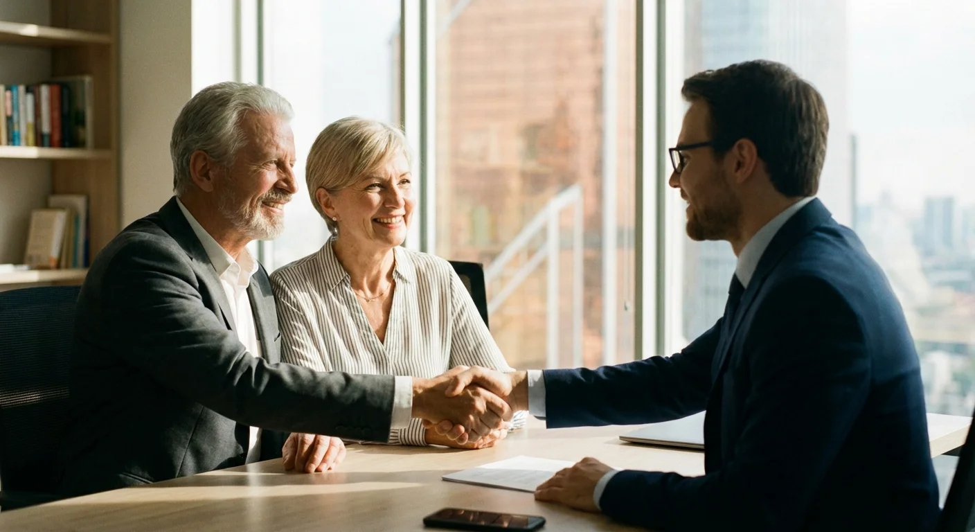 A senior couple shaking hands with their mortgage lender.