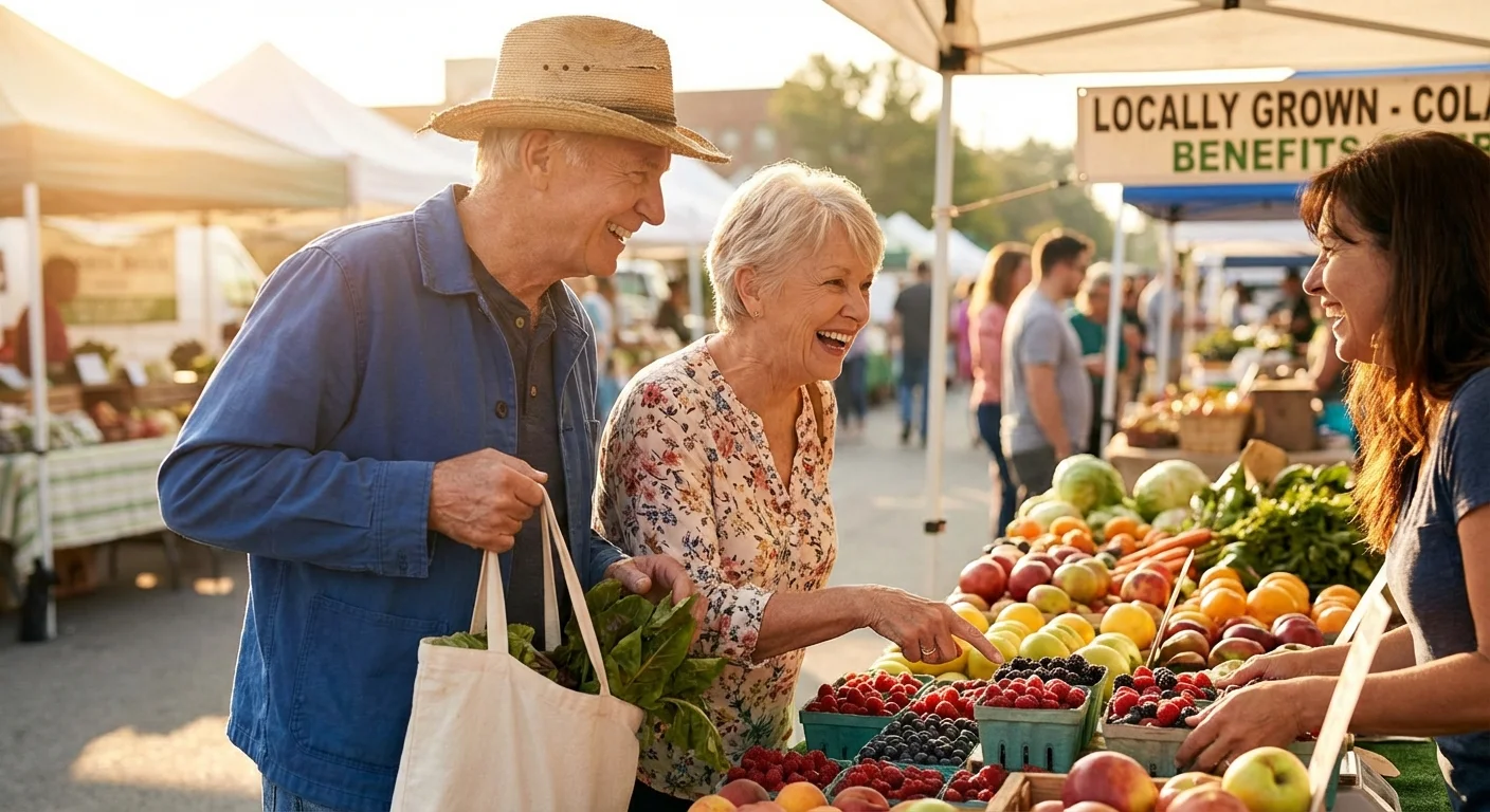 A senior couple shopping for fresh produce at a sunny outdoor market.