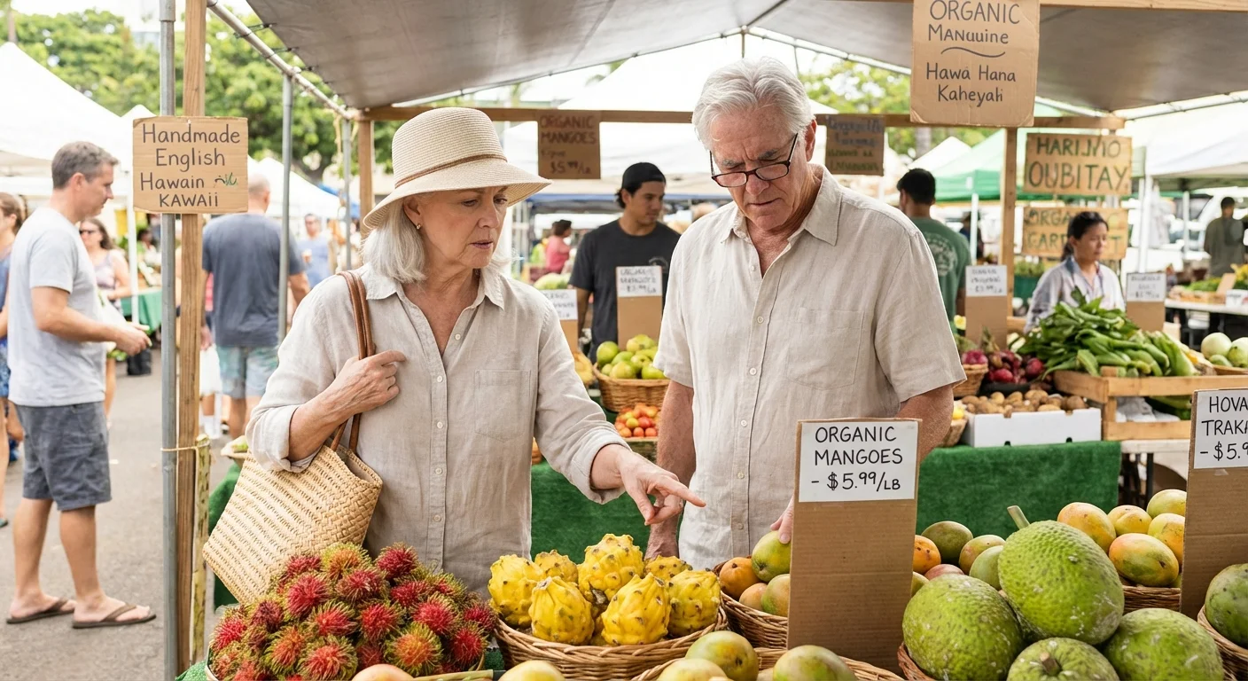 A senior couple shopping for local produce at an outdoor Hawaiian market, considering the cost of living.