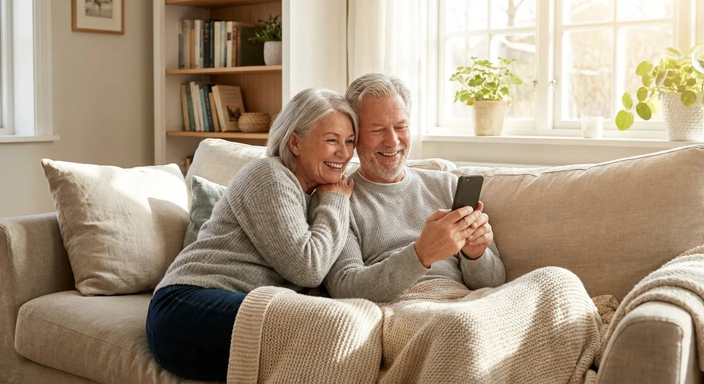 A senior couple smiling and looking at a smartphone together in a cozy, secure home.