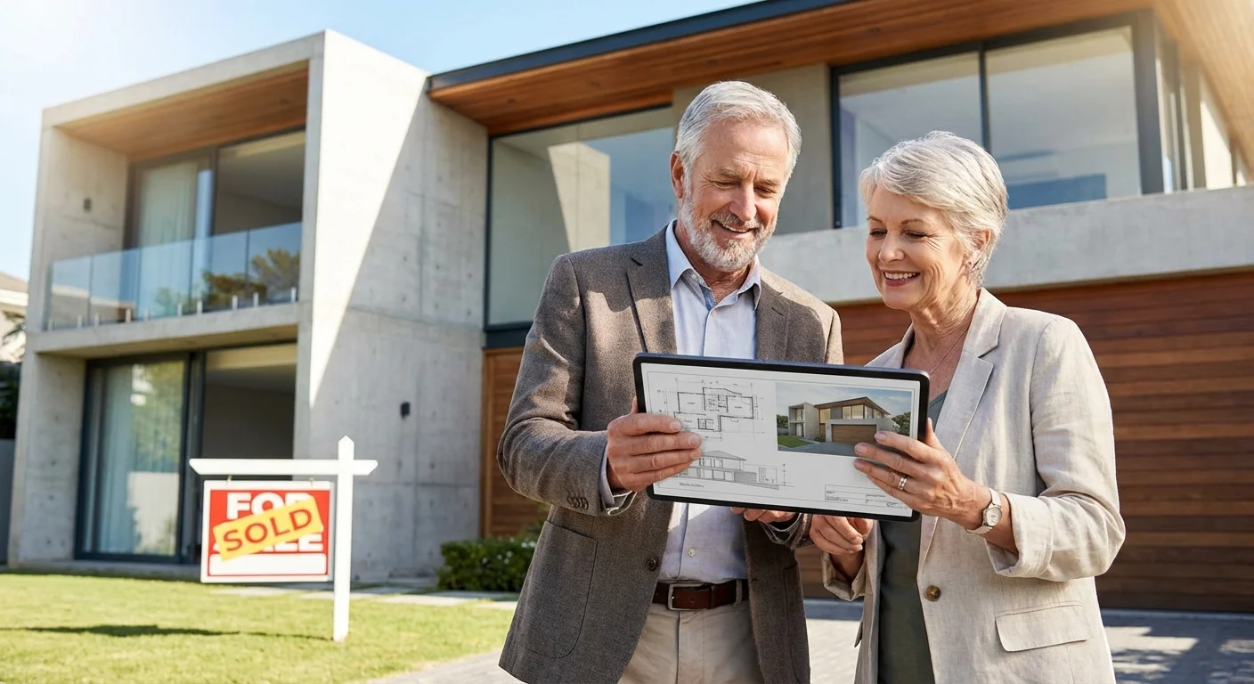 A senior couple standing in front of a modern house looking at a tablet.