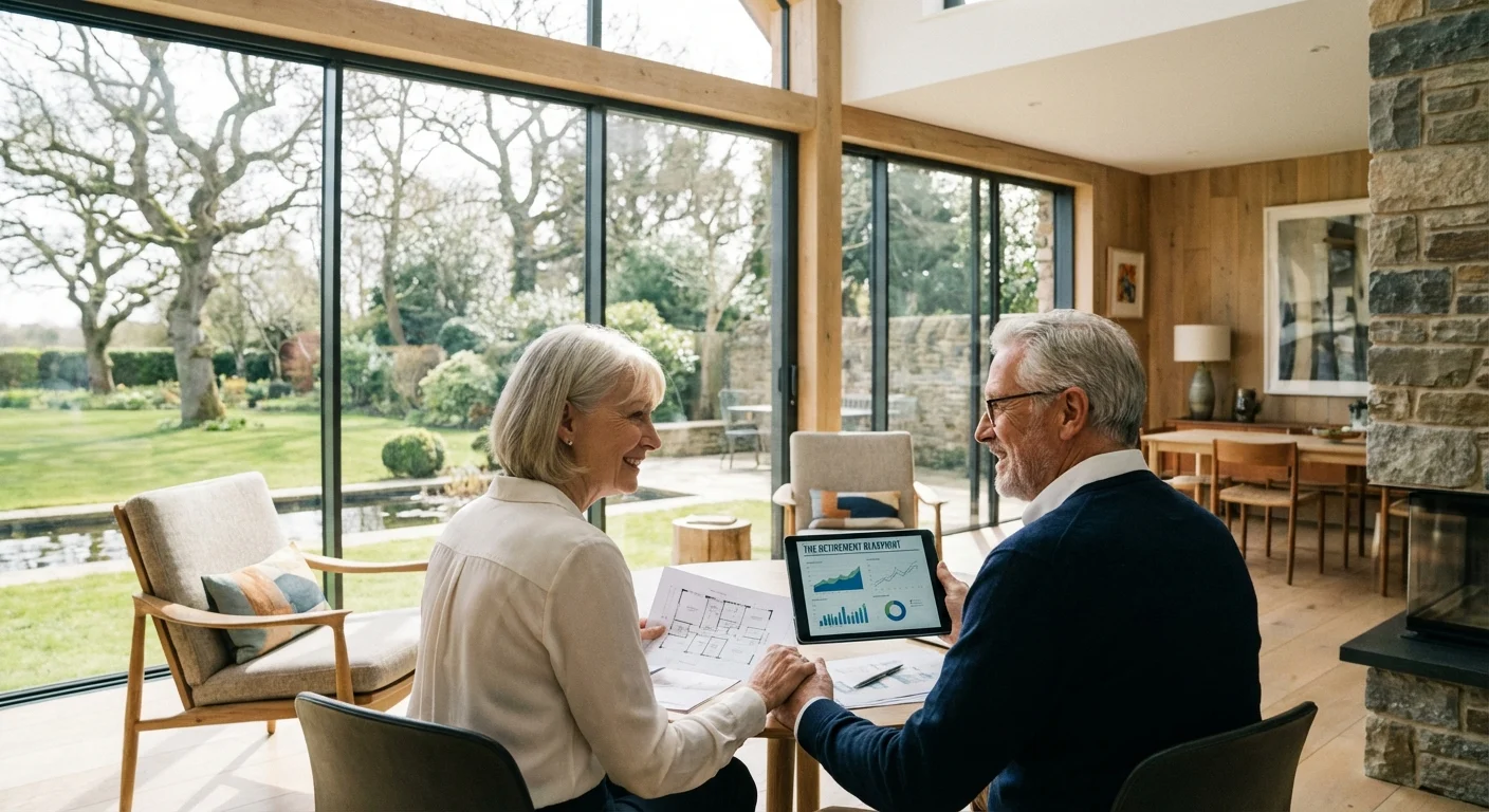 A senior couple uses a tablet to research retirement locations in a bright, upscale home.