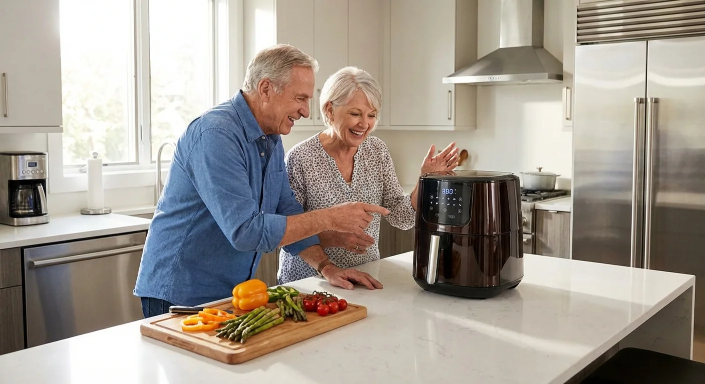 A senior couple using a modern air fryer in a bright kitchen.