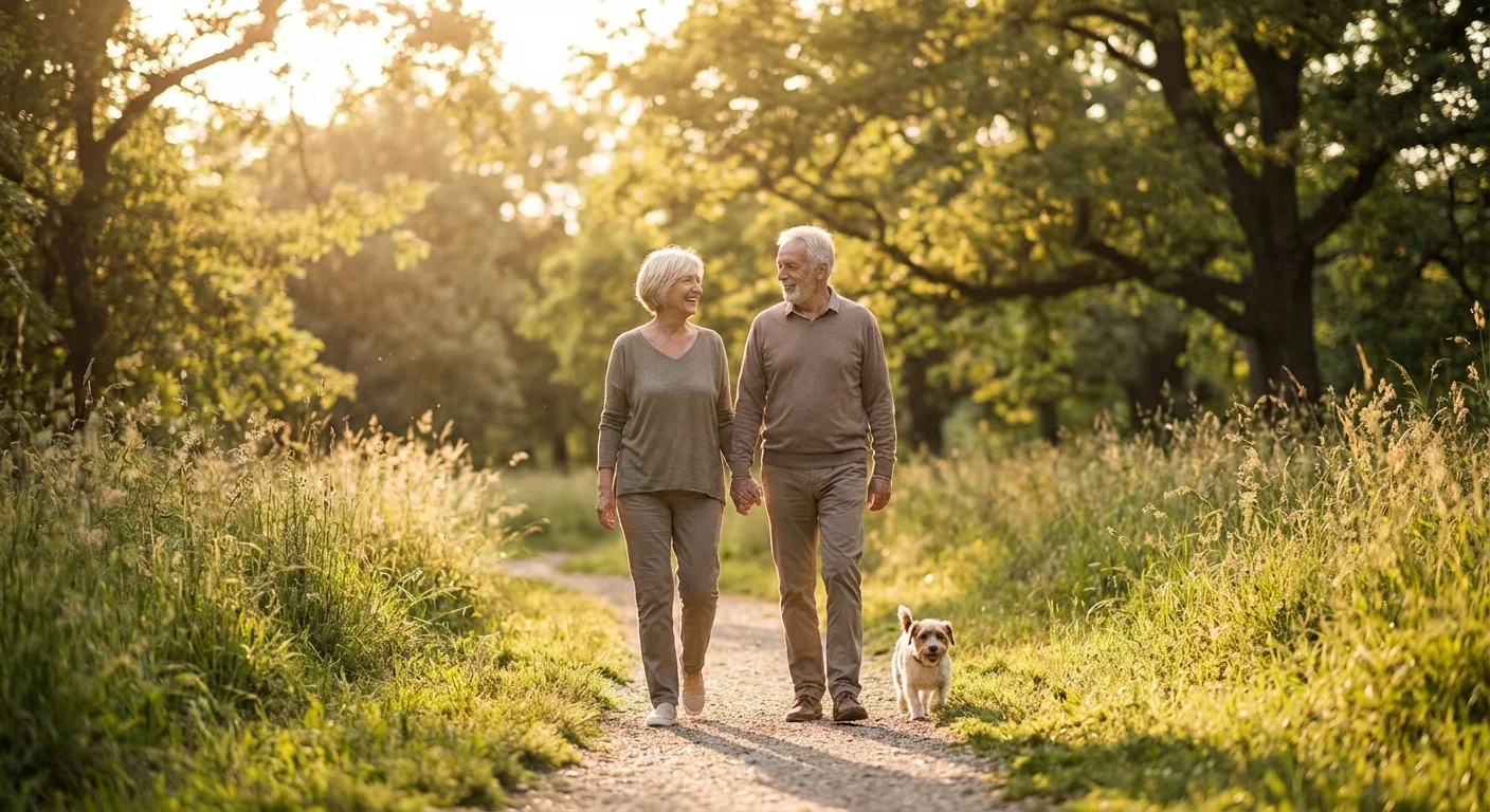 A senior couple walking in a park at sunset, looking relaxed.