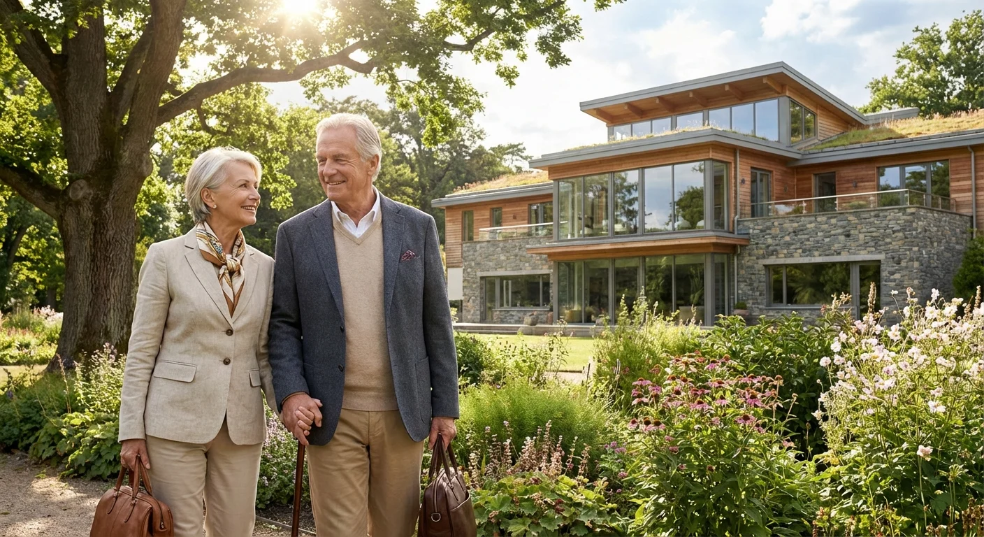 A senior couple walking in a park, representing long-term care planning.