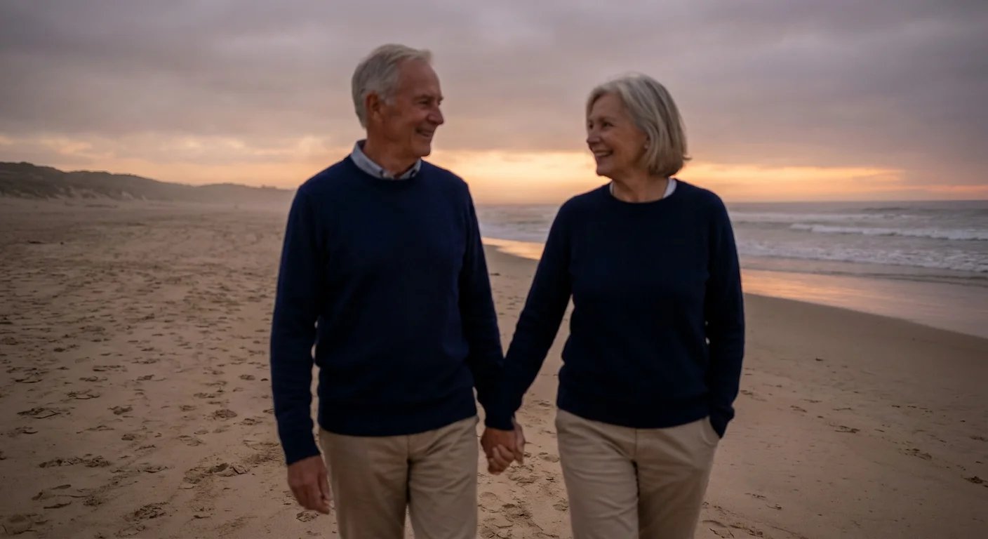 A senior couple walking on a beach at sunset, representing a secure retirement lifestyle.