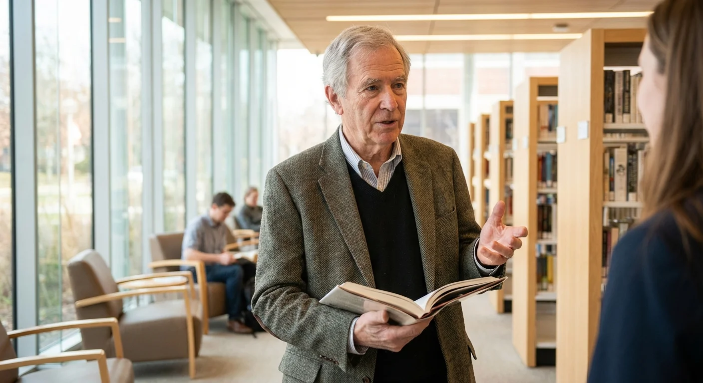 A senior man acting as a substitute teacher in a bright library.