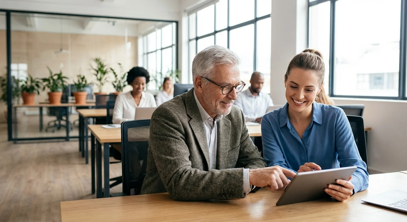 A senior man and a younger professional colleague collaborating and learning together in a bright office.