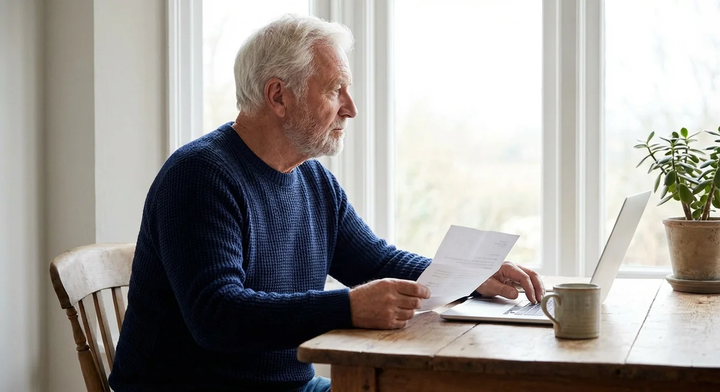 A senior man at a desk looking thoughtfully at a letter and his laptop.
