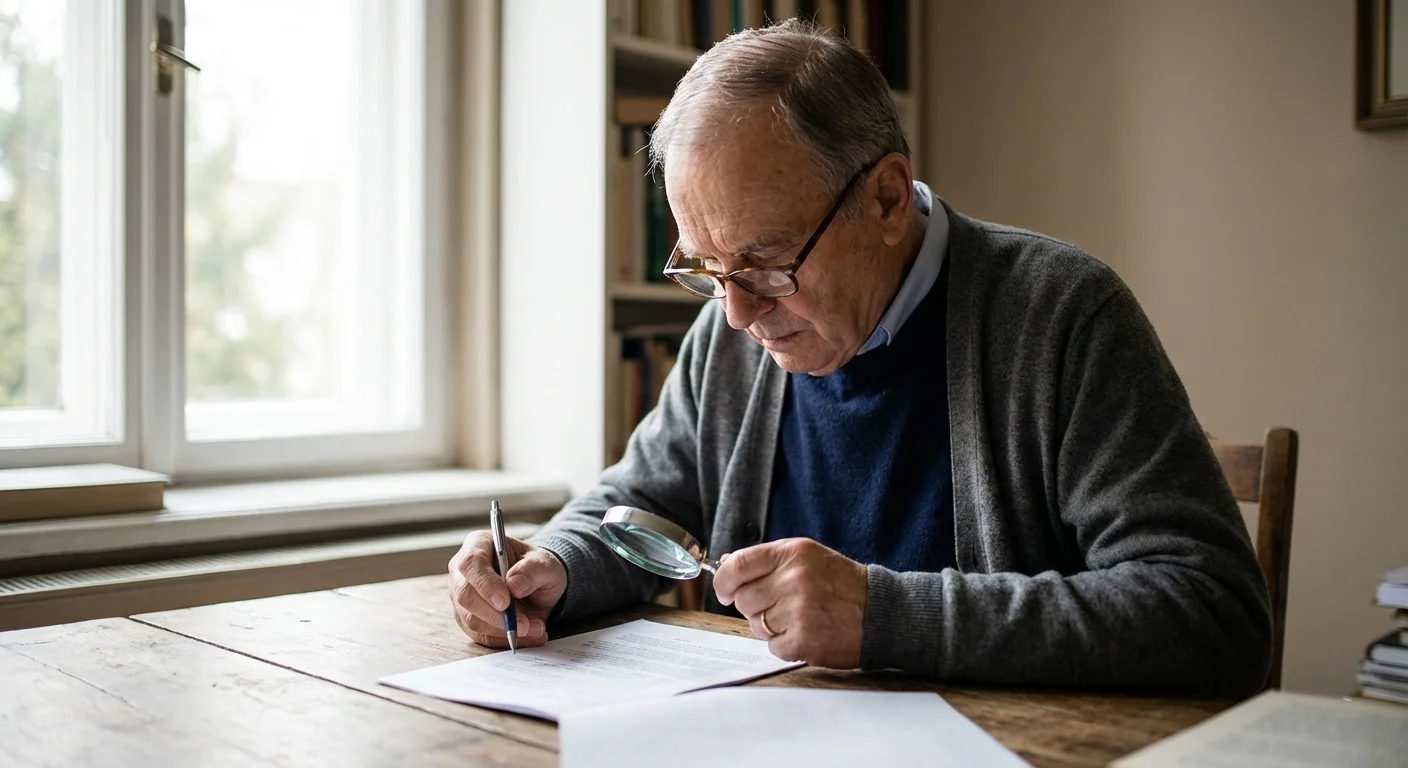 A senior man carefully reading a document at a table in a sunlit room.