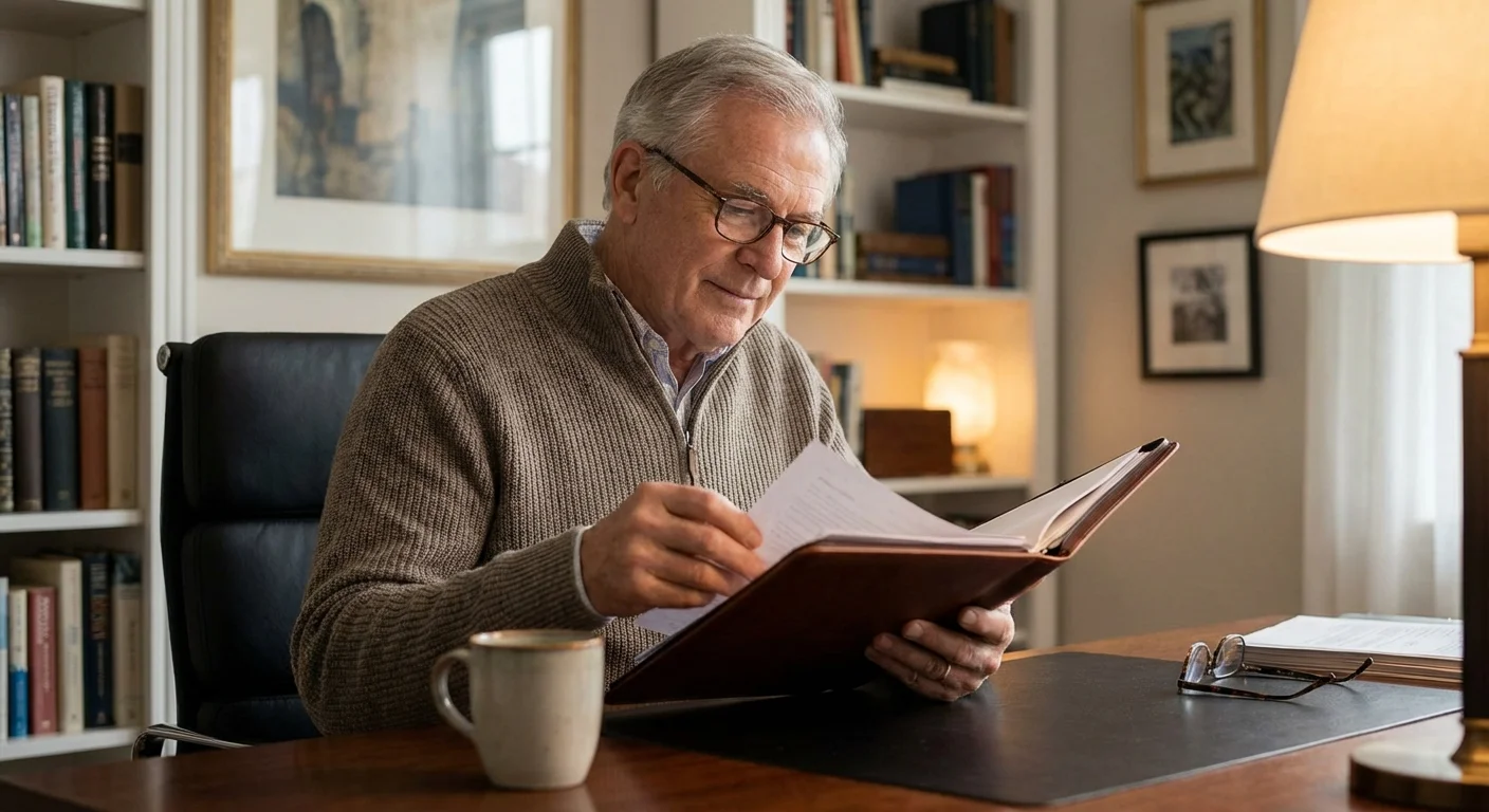 A senior man carefully reviewing a folder of documents in his home office.
