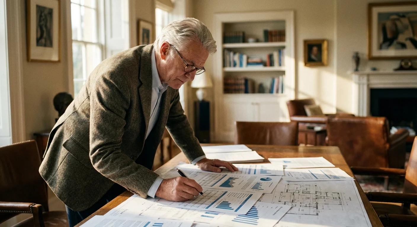 A senior man carefully reviewing business documents in a bright, upscale home office.