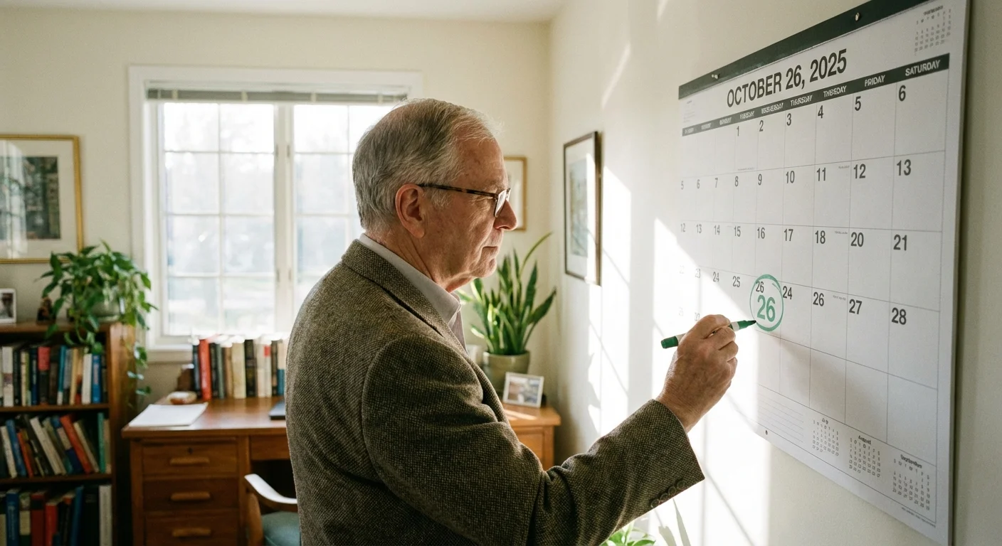 A senior man circling a date on a wall calendar, focusing on future planning.