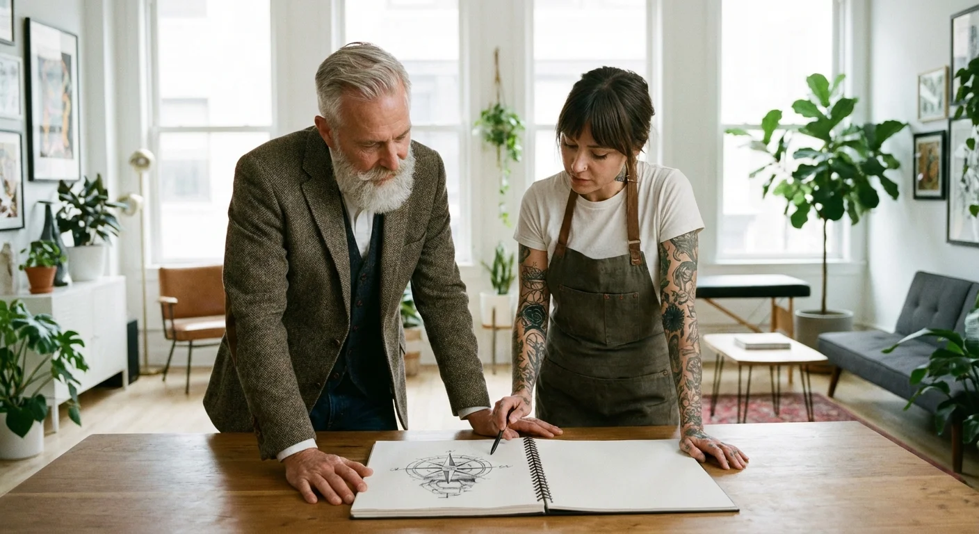 A senior man consulting with a professional tattoo artist over a design sketch in a bright, modern studio.